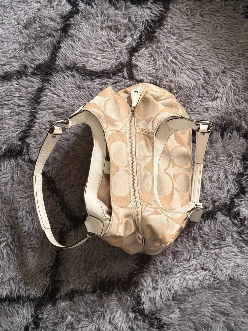 Coach Signature Beige Canvas Shoulder Bag with Cream Leather Trim